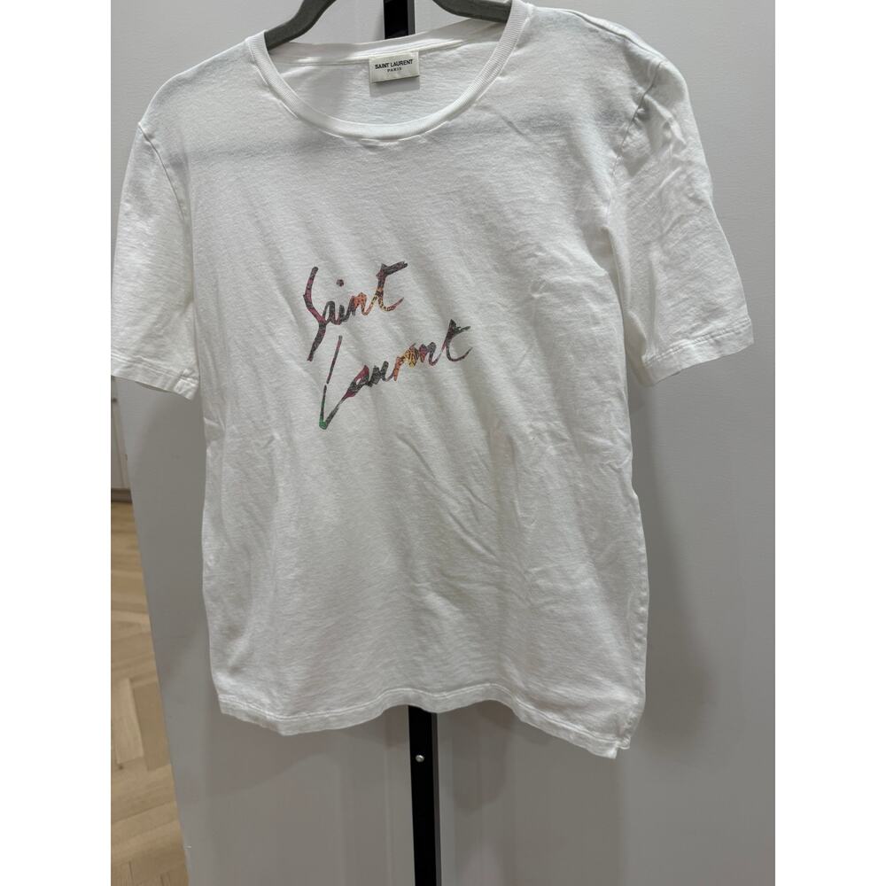 Saint Laurent. White logo print cotton T-shirt -approx small